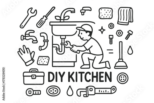 DIY Kitchen Doodle. DIY Kitchen. Hand-drawn doodle illustration of DIY Kitchen. In the middle, one slightly