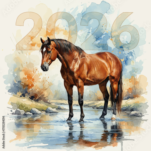 Serene brown horse standing peacefully in a river representing a tranquil 2026 against a watercolor landscape background [with copy space]