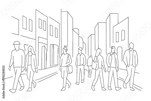 One-Line City Stroll. Street Scene. Minimalistic one-line drawing people walking along busy city street,