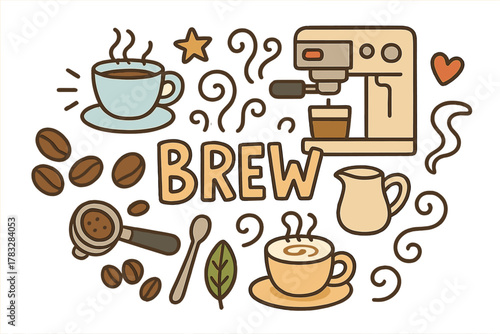 Coffee Brewing Doodle. Coffee brewing. Hand-drawn doodle illustration of coffee brewing. Coffee cup, espresso