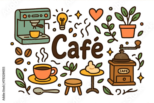 Coffee Shop Doodle. Coffee shop vibe. Hand-drawn doodle illustration of coffee shop vibe. Espresso machine,