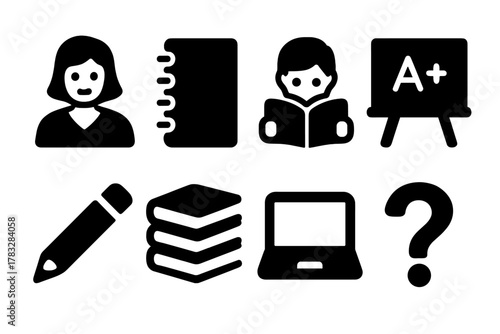 Tutoring Icons Grid. Tutoring Services. Filled icon set of Tutoring Services: teacher, notebook, child reading