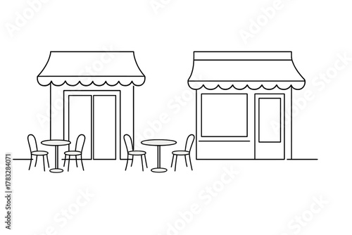 Minimalist Street Scene. Cafes and Shops. Minimalistic one-line drawing sidewalk cafe tables and shop windows