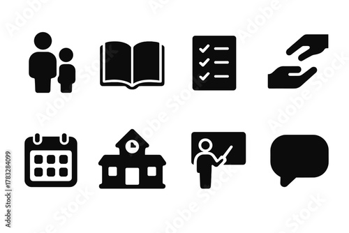 Parental Support Icons. Parental Support. Filled icon set of Parental Support: parent and child, open book,