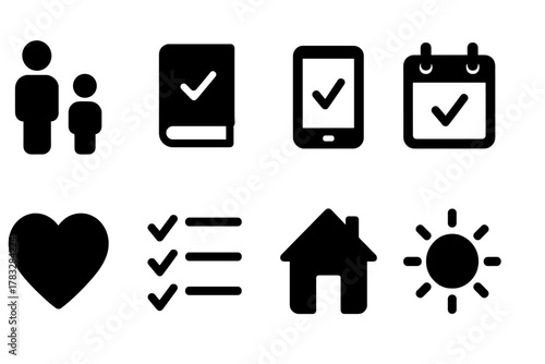 Family Guidelines Icons. Family Guidelines. Filled icon set of Family Guidelines: parent and child, rule book,