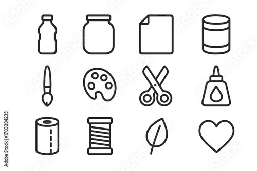 Upcycled DIY Icons. DIY upcycled creations. Line outline icon set of DIY upcycled creations: bottle, jar,