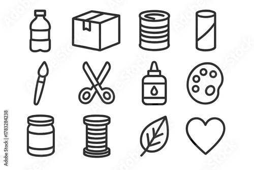 Recycled Art Icons. Recycled and upcycled art and creations. Line outline icon set of recycled and upcycled