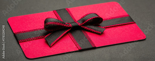 Elegant red gift card with black ribbon bow, special present for celebration and shopping