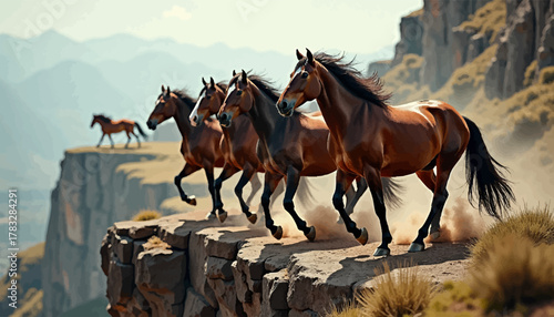 Wild herd of brown horses running free with determination along a dangerous cliff edge against a mountain range background