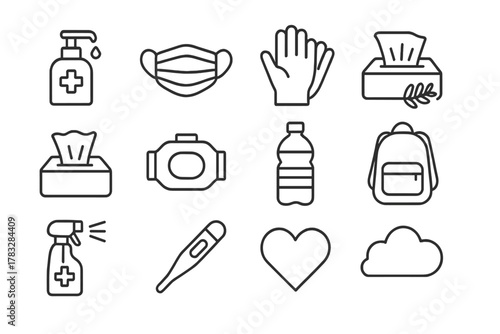Commuting Essentials Icons. Commuting health essentials. Line outline icon set of commuting health essentials: