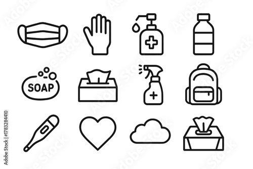 Commuter Health Icons. Commuter health precautions. Line outline icon set of commuter health precautions: face