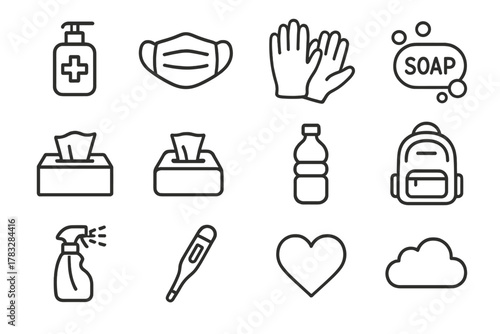 Commuting Health Essentials Icons. Commuting health essentials. Line outline icon set of commuting health