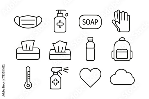 Clean Habits Icons. Clean commuting habits. Line outline icon set of clean commuting habits: face mask, hand