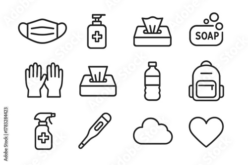 Portable Cleanliness Icons. Portable cleanliness items. Line outline icon set of portable cleanliness items: