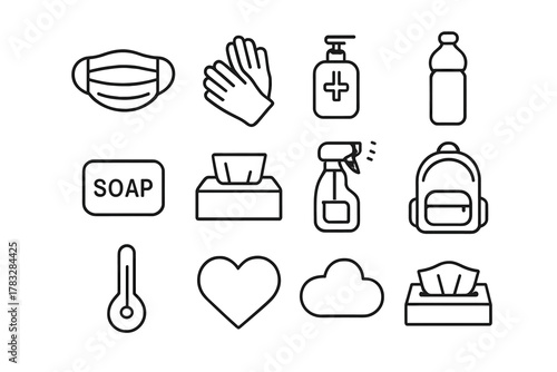 Commuter Health Icon Set. Commuter health precautions. Line outline icon set of commuter health precautions: