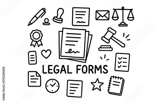 Doodle Legal Forms. Legal Forms. Hand-drawn doodle illustration of Legal Forms. In the middle, one slightly