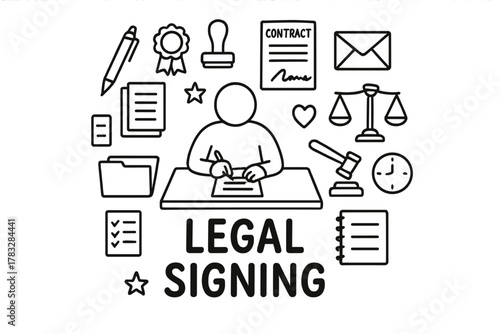 Legal Signing Doodle. Legal Signing. Hand-drawn doodle illustration of Legal Signing. In the middle, one