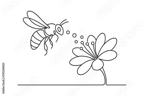 Bee Pollination Art. Pollination Process. Minimalistic one-line drawing pollen grains transferring from bee to