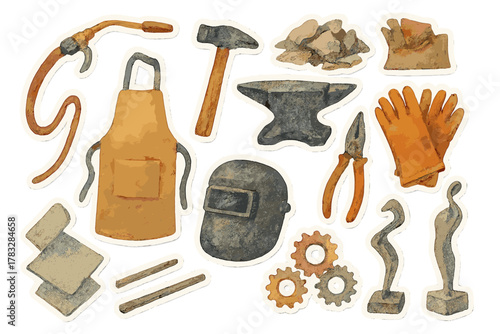 Metal Studio Stickers. Metal Art Studio. Realistic hand-painted watercolor style sticker sheet of metal art