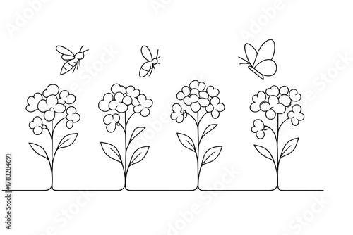 Minimalist Pollination Art. Agricultural Pollination. Minimalistic one-line drawing row of flowering crops