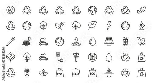 ai generative A modern vector icon sheet with 50 eco and environmental icons in flat outline style. Includes recycle, renewable energy