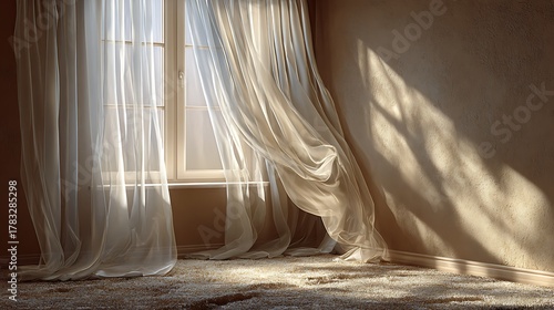 Sunlight streaming through sheer curtains onto a textured floor