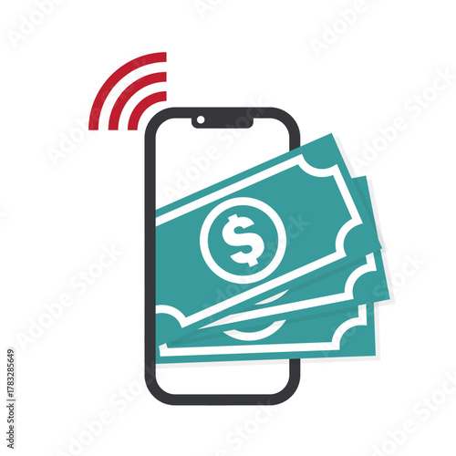 Isolated pictogram of smartphone with dollar and signal icon, symbolizing online payment, mobile banking, and cashless transaction system.