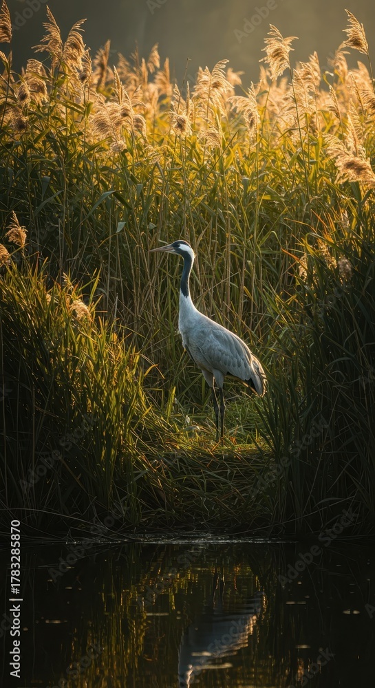 Obraz premium Tall, sunlit reeds frame a wading bird standing by dark water at dusk