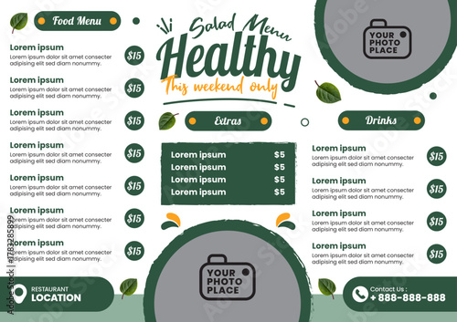 Restaurant menu template with healthy salad menu, salad and other menu items