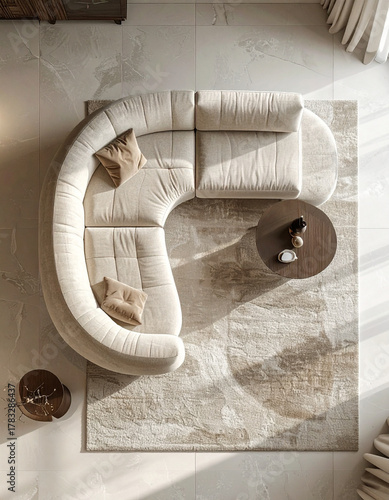 Elegant living room design featuring curved sofa modern home interior decor bright environment aerial view comfort and style