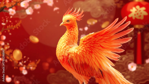 Vibrant Luminous Phoenix Majestic Lunar New Year Symbolism with Cherry Blossoms & Golden Coins for Prosperity, Rebirth, and Celebration