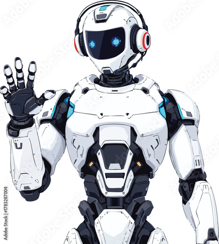 PrintFuturistic humanoid robot waving with headphones, glowing eyes, and sleek white armor vector illustration