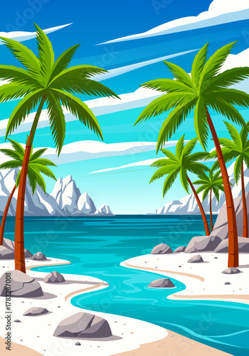 Beautiful tropical beach with palm trees and crystal clear water under a bright sunny sky with fluffy clouds