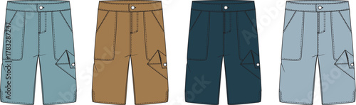 Versatile collection of men's knee-length cargo shorts, presented as technical flat sketches in a range of practical and stylish color variations for fashion designers and apparel development
