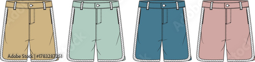 Set of four different colored shorts, presented as a flat technical drawing for fashion design