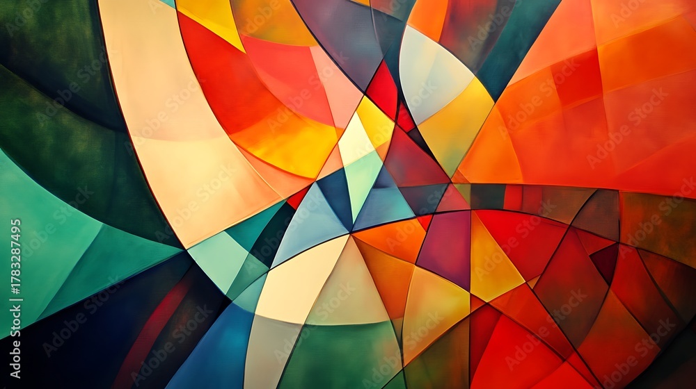 Fototapeta premium Vibrant geometric abstraction of intersecting curved and angular shapes with rich gradient color movement