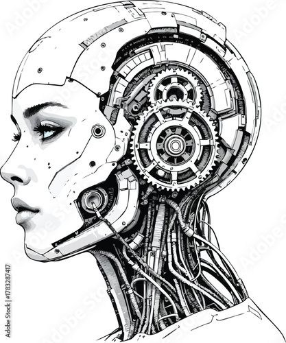 PrintHalf-human half-robot cyborg face with exposed mechanical gears, wires, and realistic human features vector
