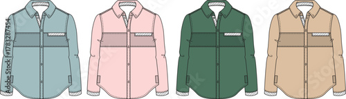 A collection of fashion technical flat sketches showing a color block long sleeve button-down shirt in various colorways