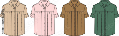 Collection of stylish women's long-sleeved shirts in a diverse palette of earthy and pastel colors, ideal for casual fashion, apparel design, and versatile wardrobe options