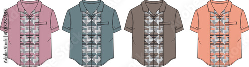 Collection of men's short-sleeve camp collar shirts with geometric pattern front panel, fashion flat sketch technical drawing set
