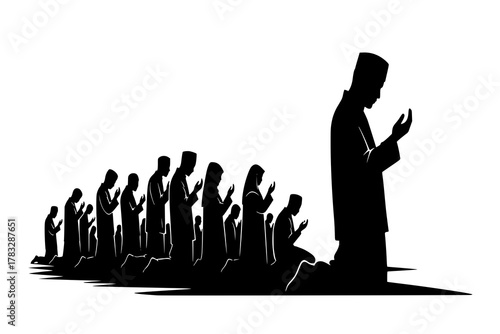 Black Vector Silhouette: Group of People Praying in Mosque A dynamic black vector silhouette depicting a group of several figures (gender-neutral or mixed) standing in rows, engaged in congregational