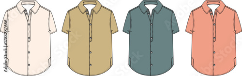 Collection of four short-sleeved collared shirts in different pastel colors laid out horizontally