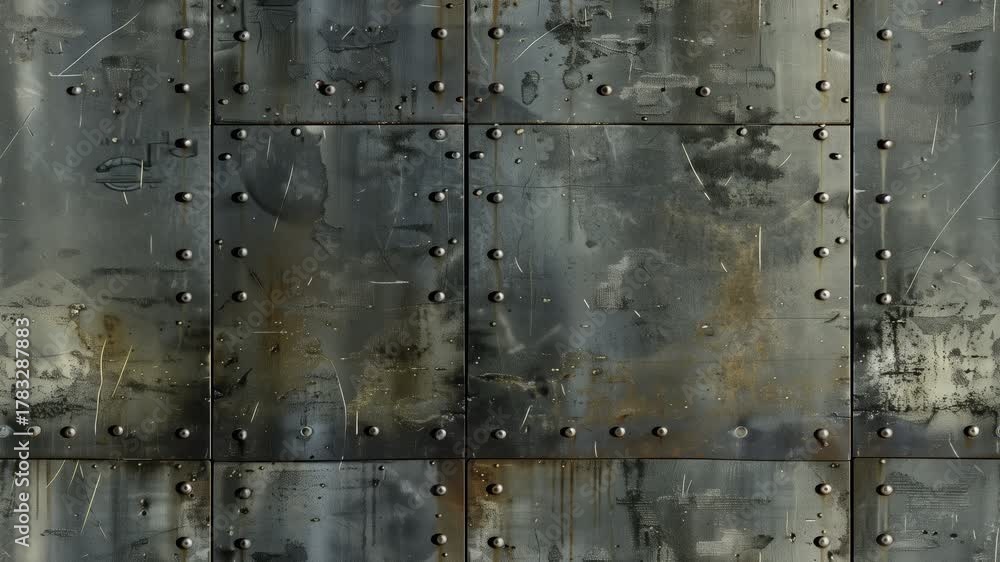 Seamless weathered metal wall with rivets and rust. Camera slowly moves up pedestal. 16:9 Organic texture loop.