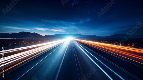 Nighttime Highway Lights Streaking Across the Asphalt.