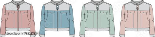 Fashion illustration of four different colored jacket designs for women, displayed in a row against a white background