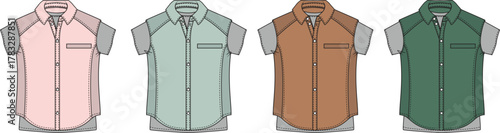 Four different colored short-sleeved collared shirts with pocket details displayed in a row