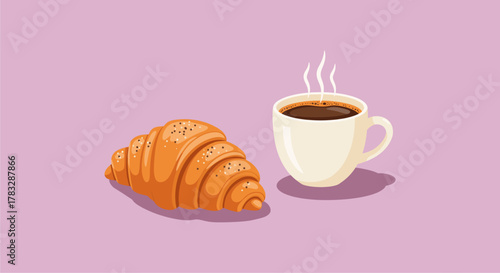 Cozy morning croissant and steaming coffee