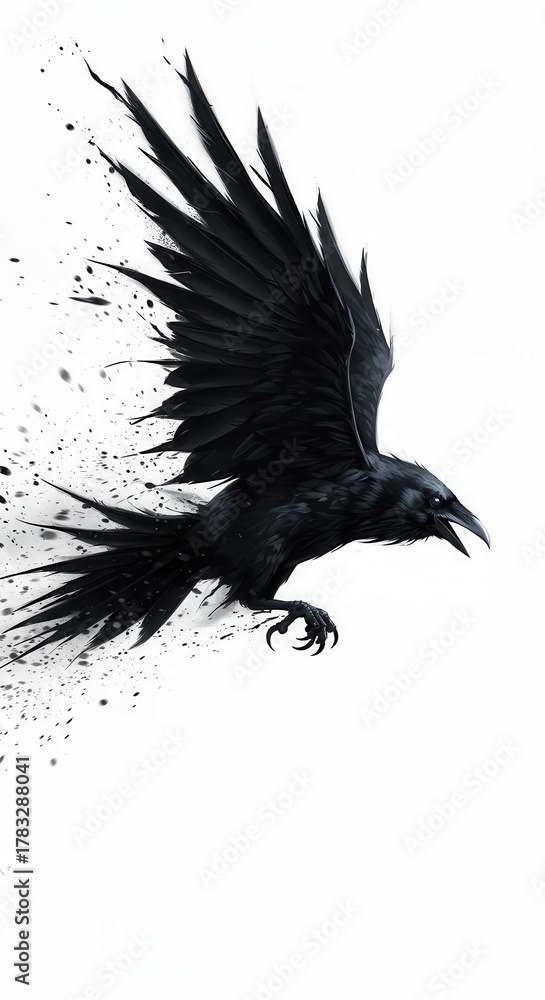 Fototapeta premium Dark avian creature dissolves into scattered ink splashes while midflight against a stark white background