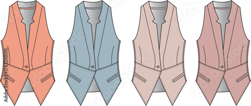 Set of women's tailored vest fashion flat sketches. Vector illustration template of a classic waistcoat in multiple colorways for apparel design
