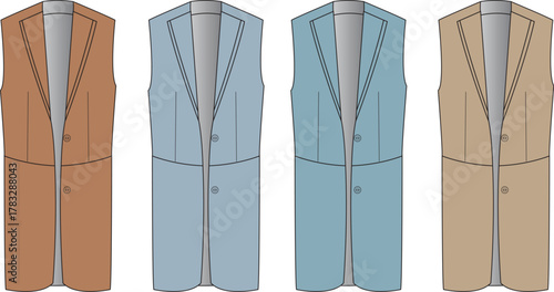 Technical fashion flat sketch of a men's long waistcoat or sleeveless blazer. Vector illustration set showing a formal vest template in multiple color variations for apparel design